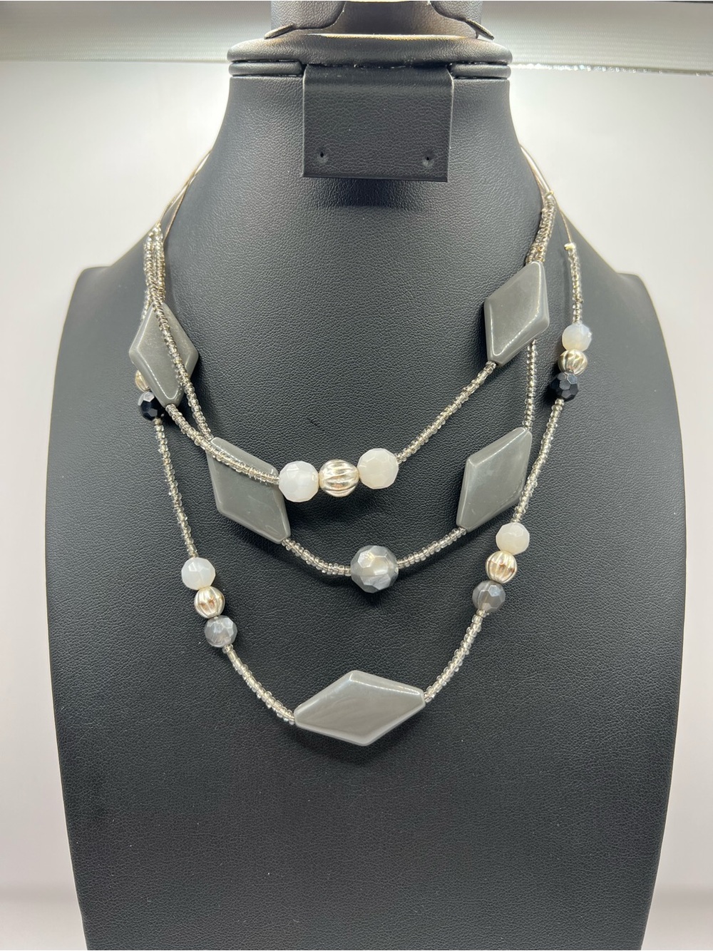 Gray Multi Strand Layered Statement Necklace Bead Diamond Acrylic Silver Tone